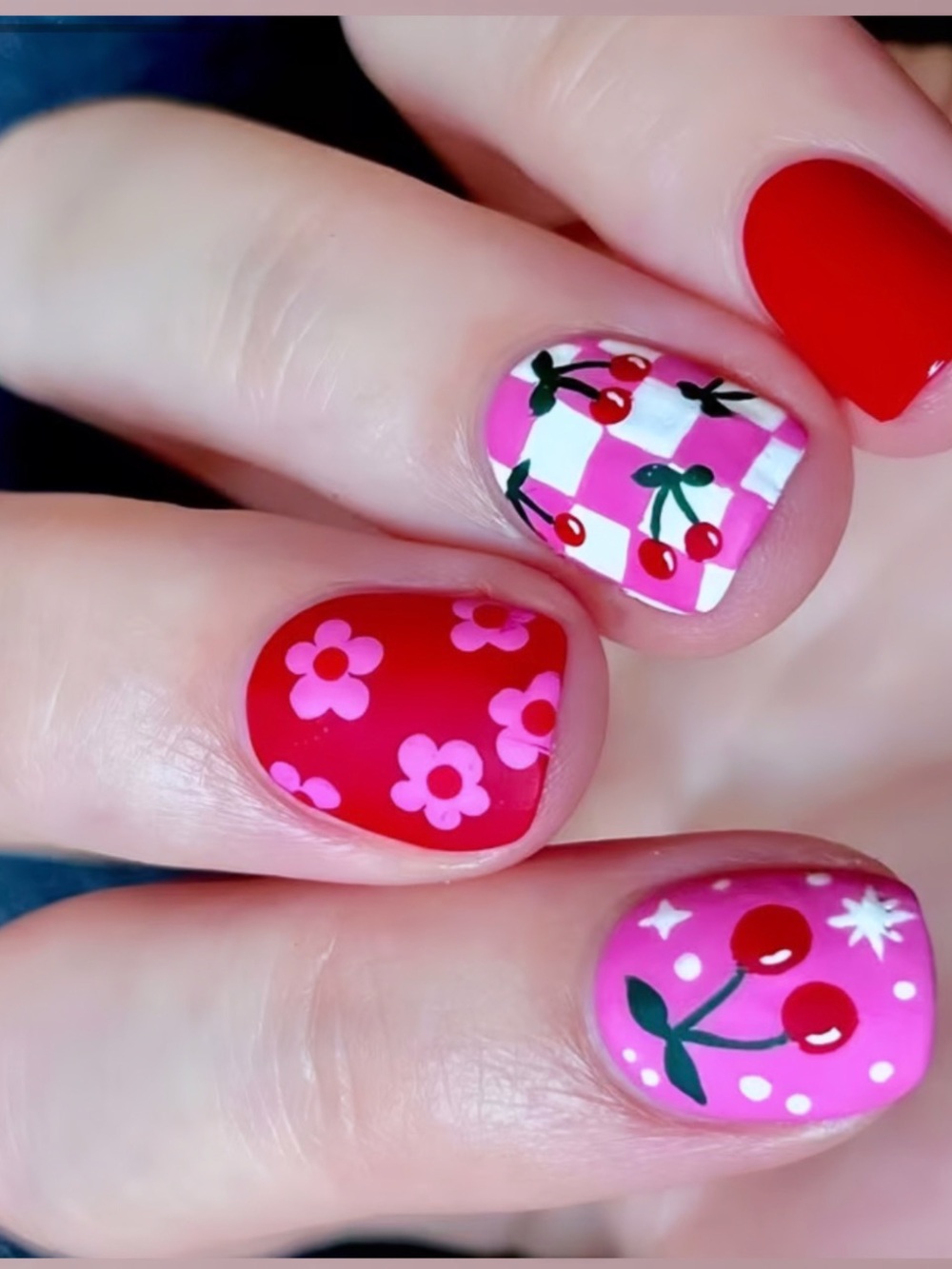 Cherry Blossom Short Square Press On Nails | Pink Red Checker | 24 Pc Set
